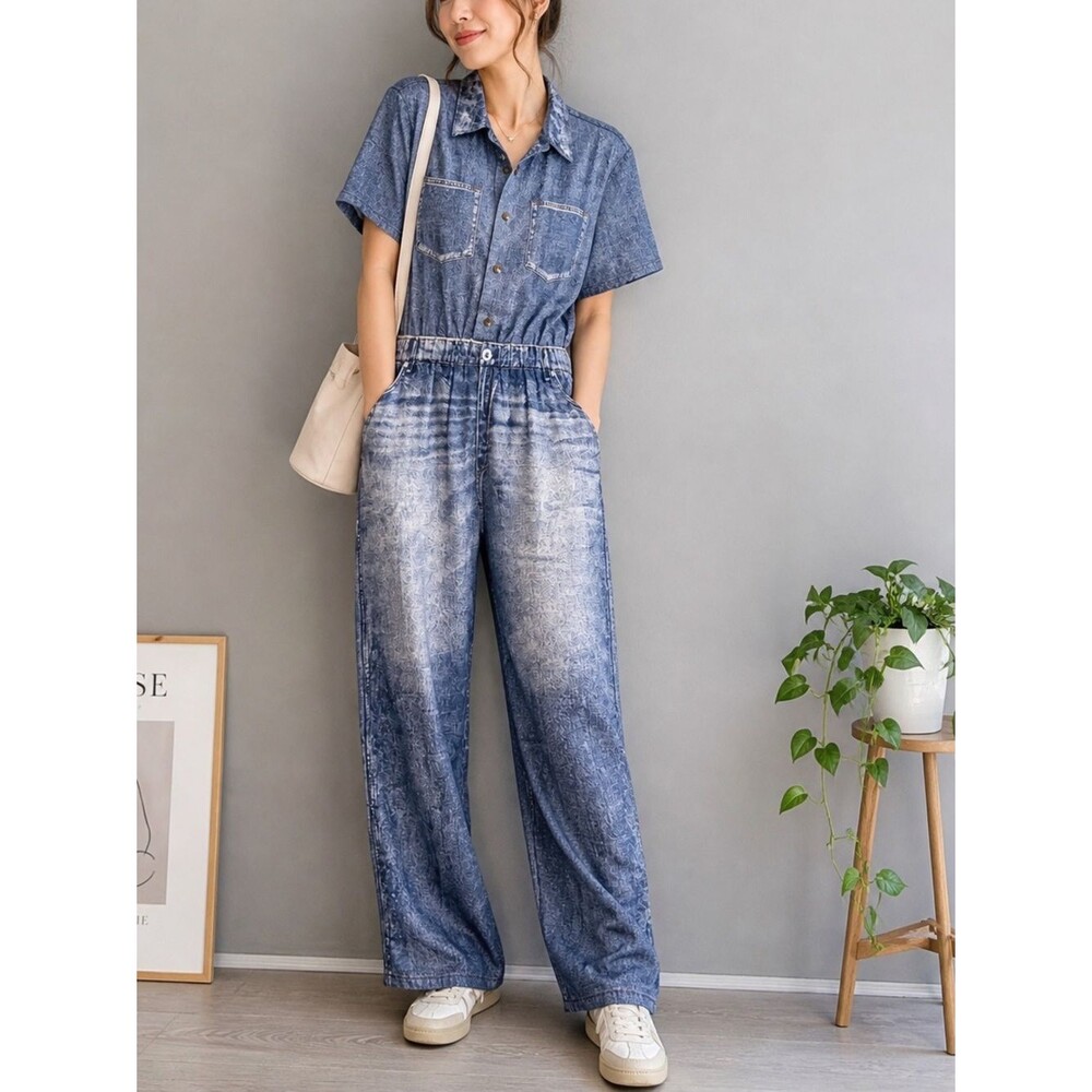 NWT Oddi Acid Washed Chambray Denim Jumpsuits Size Medium Casual